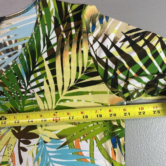 VALENTINA Top Scoop Neck 3/4 Sleeve Rhinestone Tropical Blouse Womens M Green - Picture 5 of 8